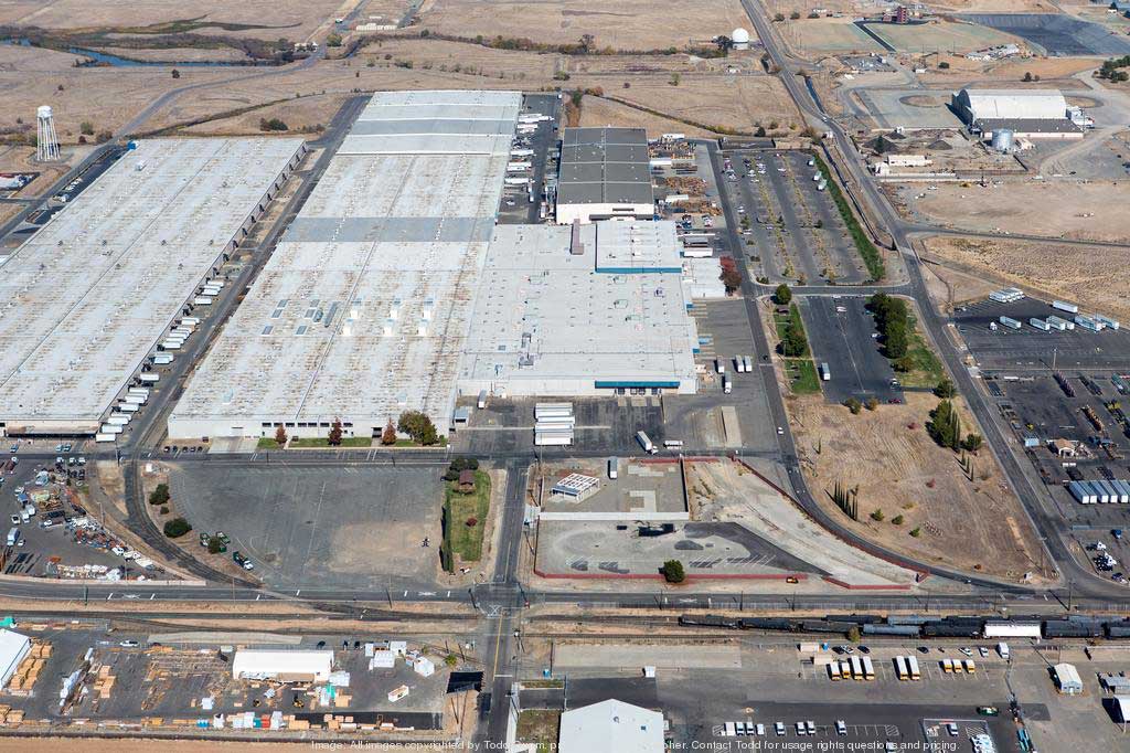 An aerial photo of industrial buildings at McClellan Park
