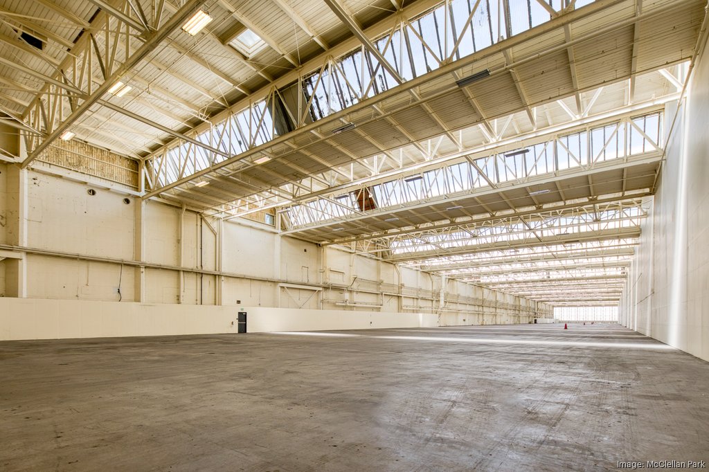 Photo of a large open industrial warehouse space at McClellan Park